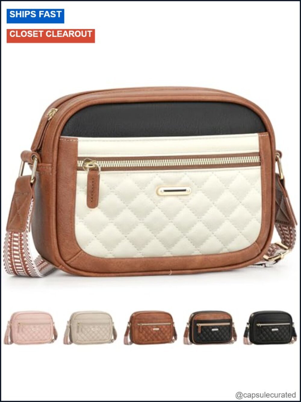 Quilted Vegan Leather Crossbody Bag with Adjustable Strap, 3 Pockets,